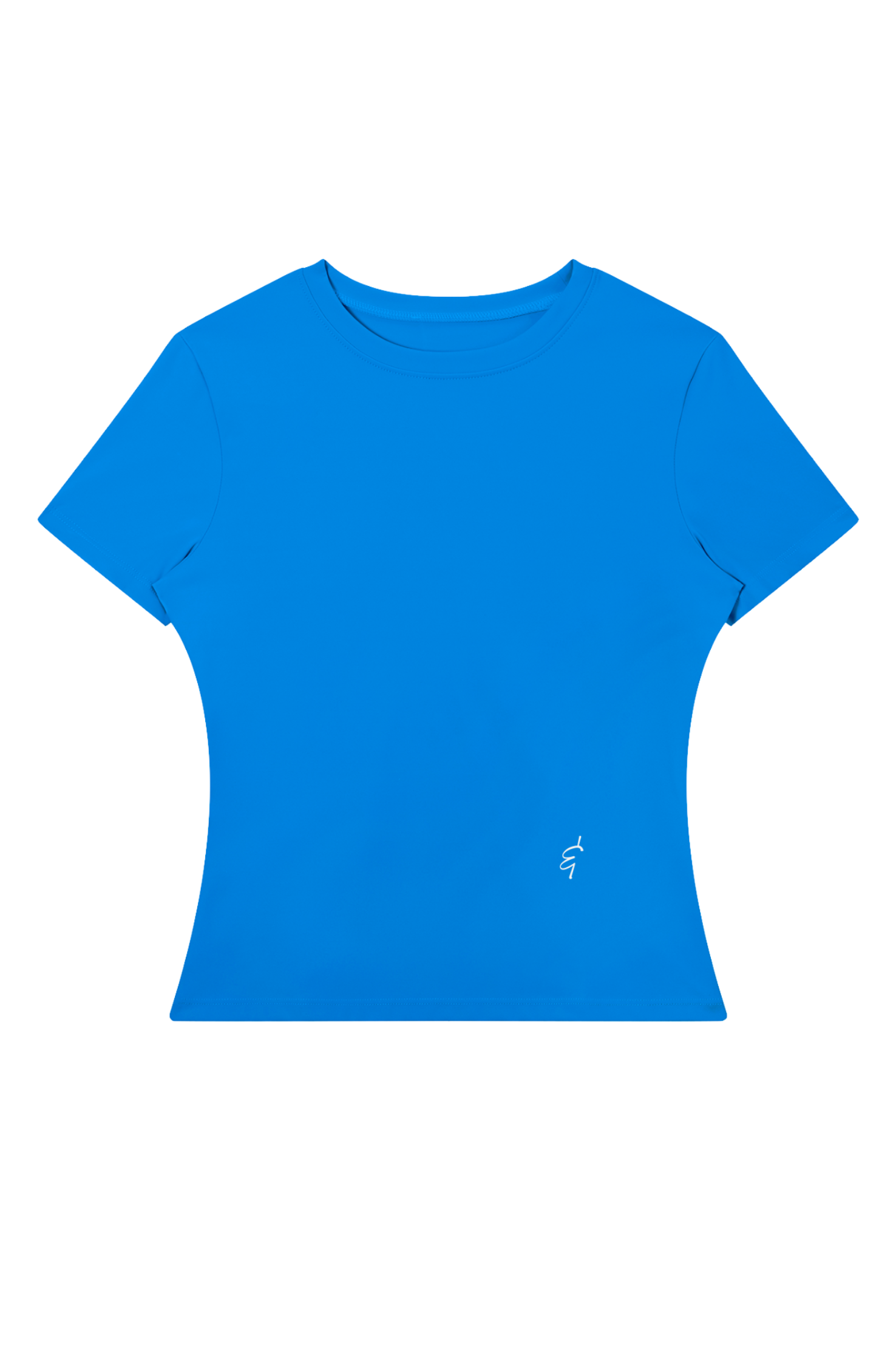 A bright blue short-sleeve crewneck t-shirt with a small white embroidered logo on the lower right front, displayed flat against a solid white background.