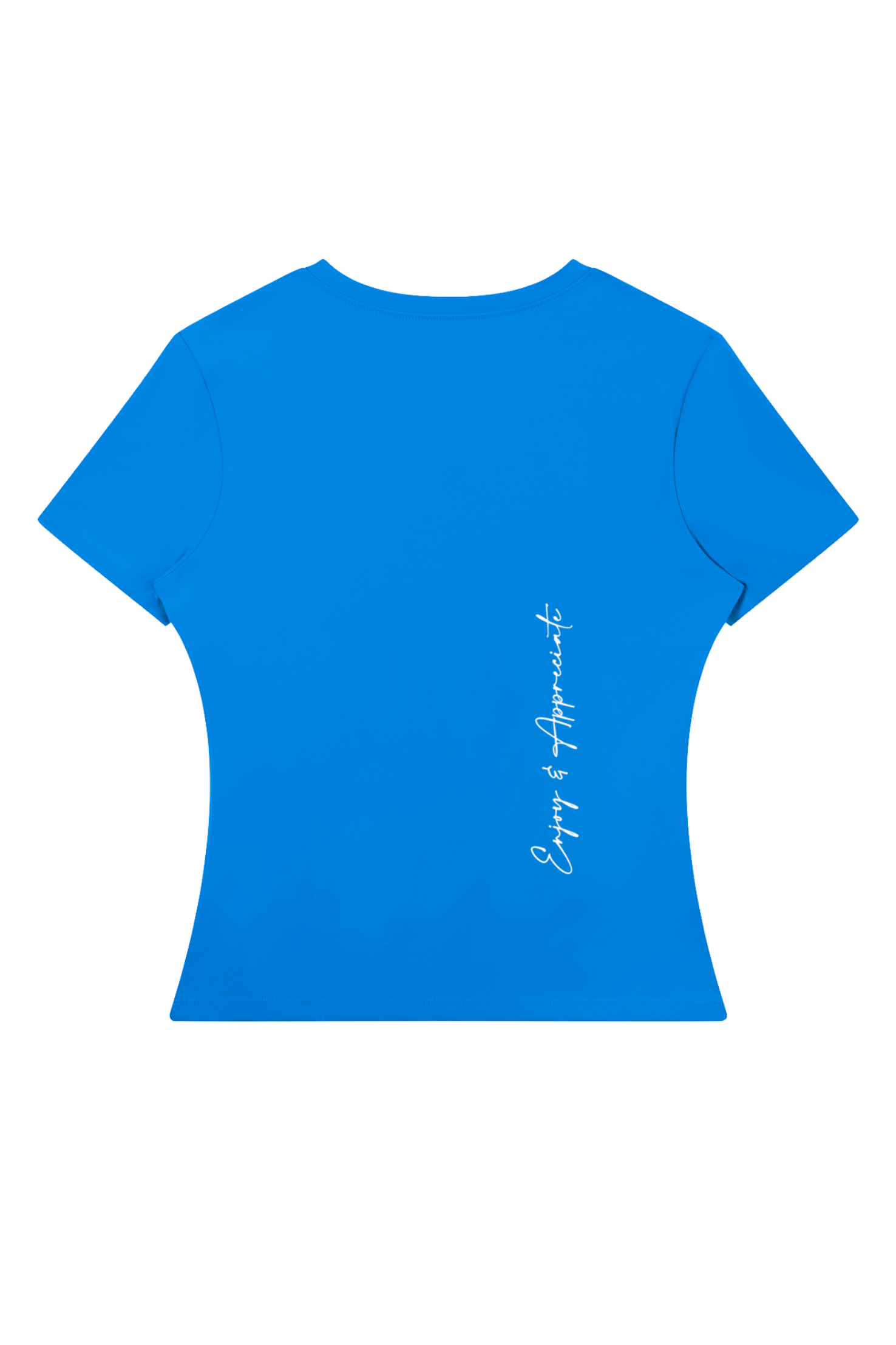 A bright blue short-sleeve crop top shown from the back, featuring a small vertical white script logo on the right side, displayed on a clean white background.