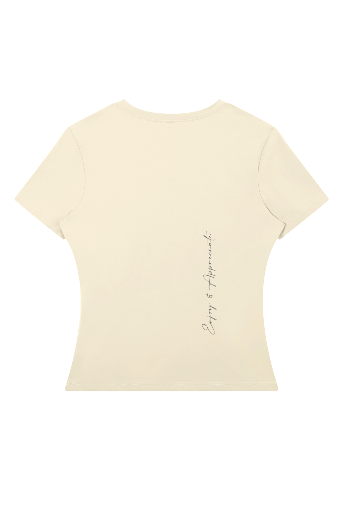 A cream-colored short-sleeve crop top shown from the back, featuring a vertical black script print that reads 'Enjoy & Appreciate'. The background is solid white.