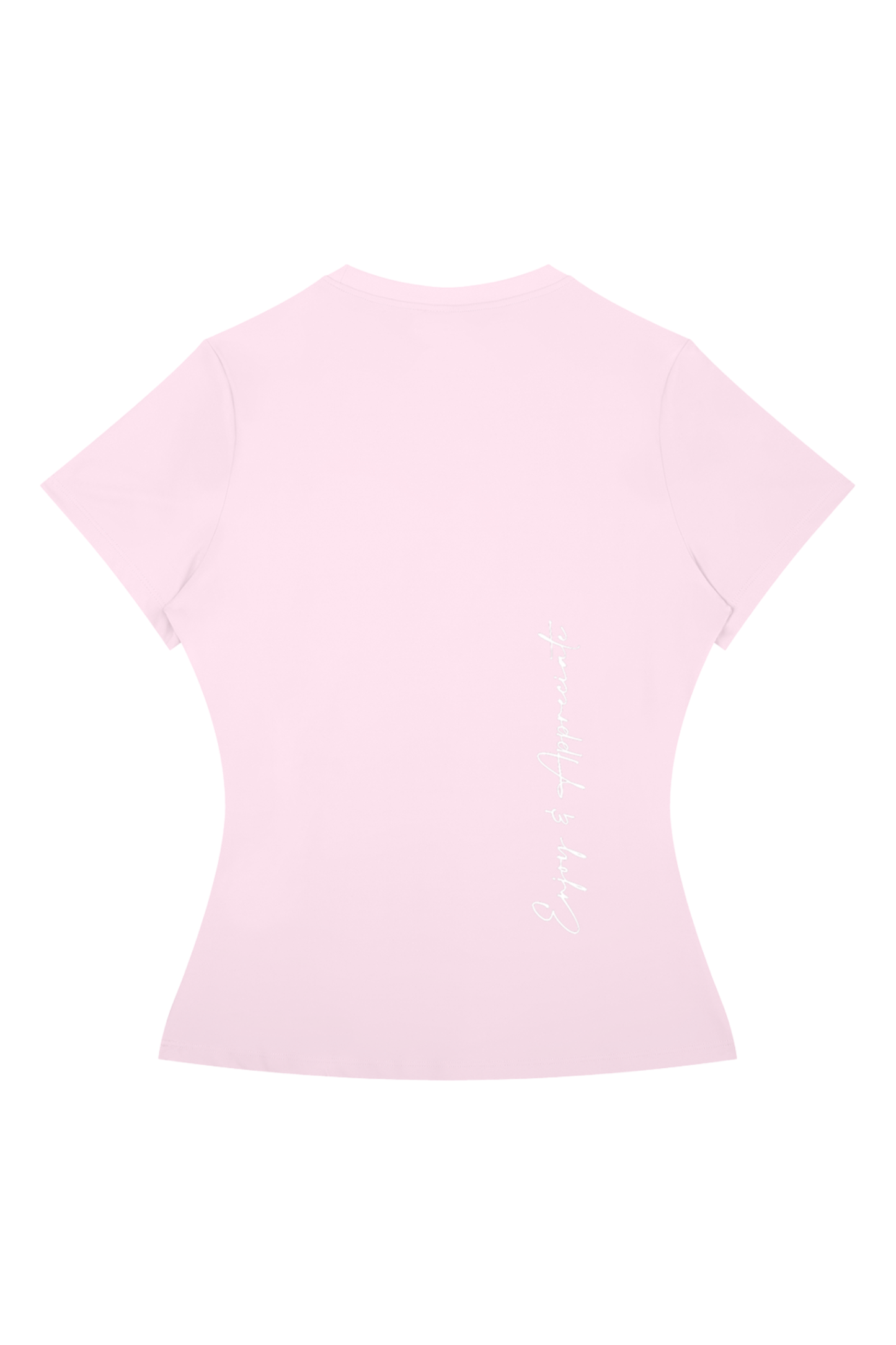 A light pink short-sleeve t-shirt shown from the back, featuring a small vertical white script print on the lower back, displayed on a solid white background.
