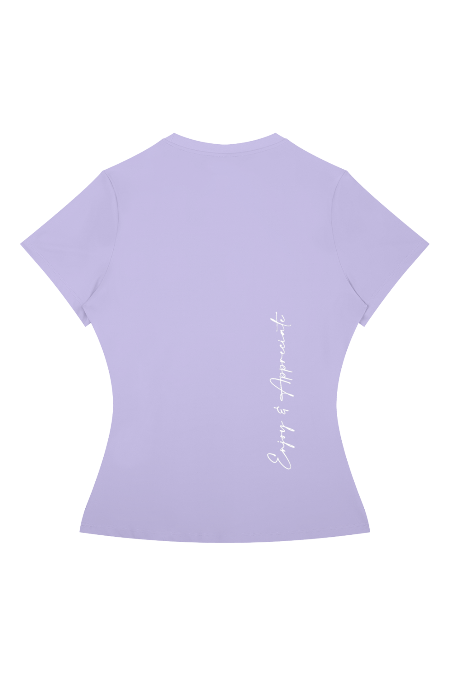 A light purple short-sleeve t-shirt shown from the back, featuring a vertical white script print that reads 'Enjoy & Appreciate' on the right side.
