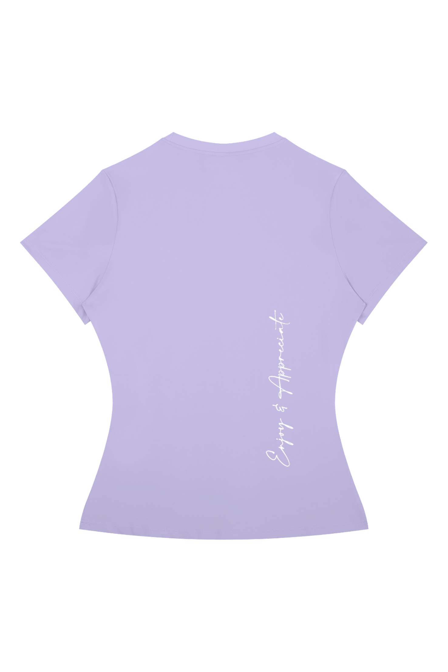 A light purple short-sleeve t-shirt shown from the back, featuring a vertical white script print that reads 'Enjoy & Appreciate' on the right side.