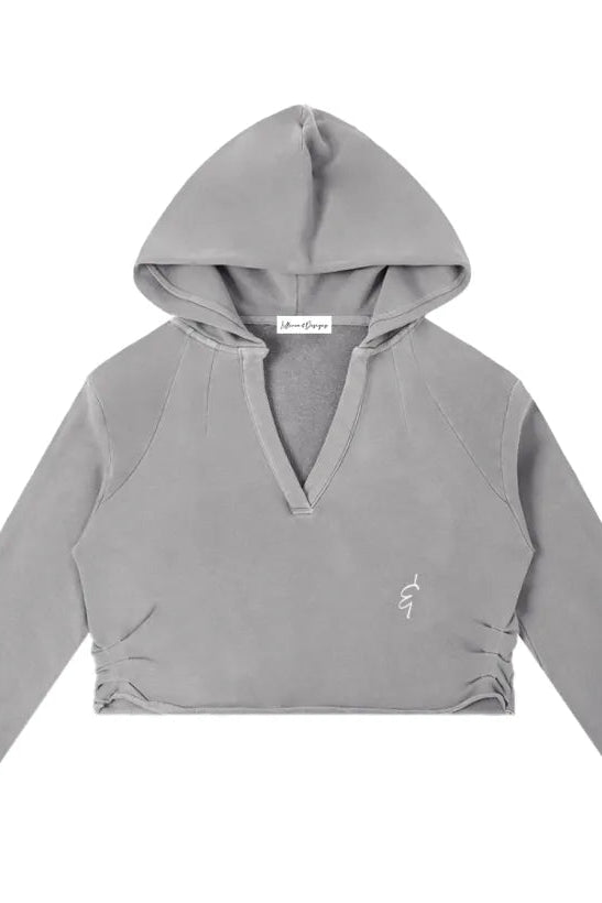 Gray cropped hoodie with floral embroidery on a white background