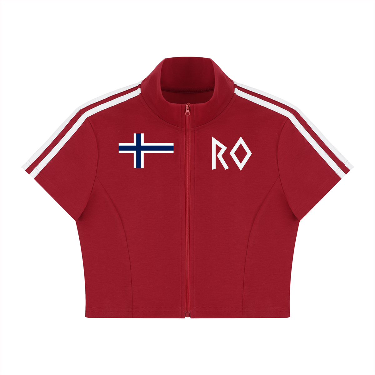 A red short-sleeve zip-up track jacket with white shoulder stripes, featuring the Norwegian flag on the left chest and the white letters 'RO' on the right chest, shown on a plain white background.