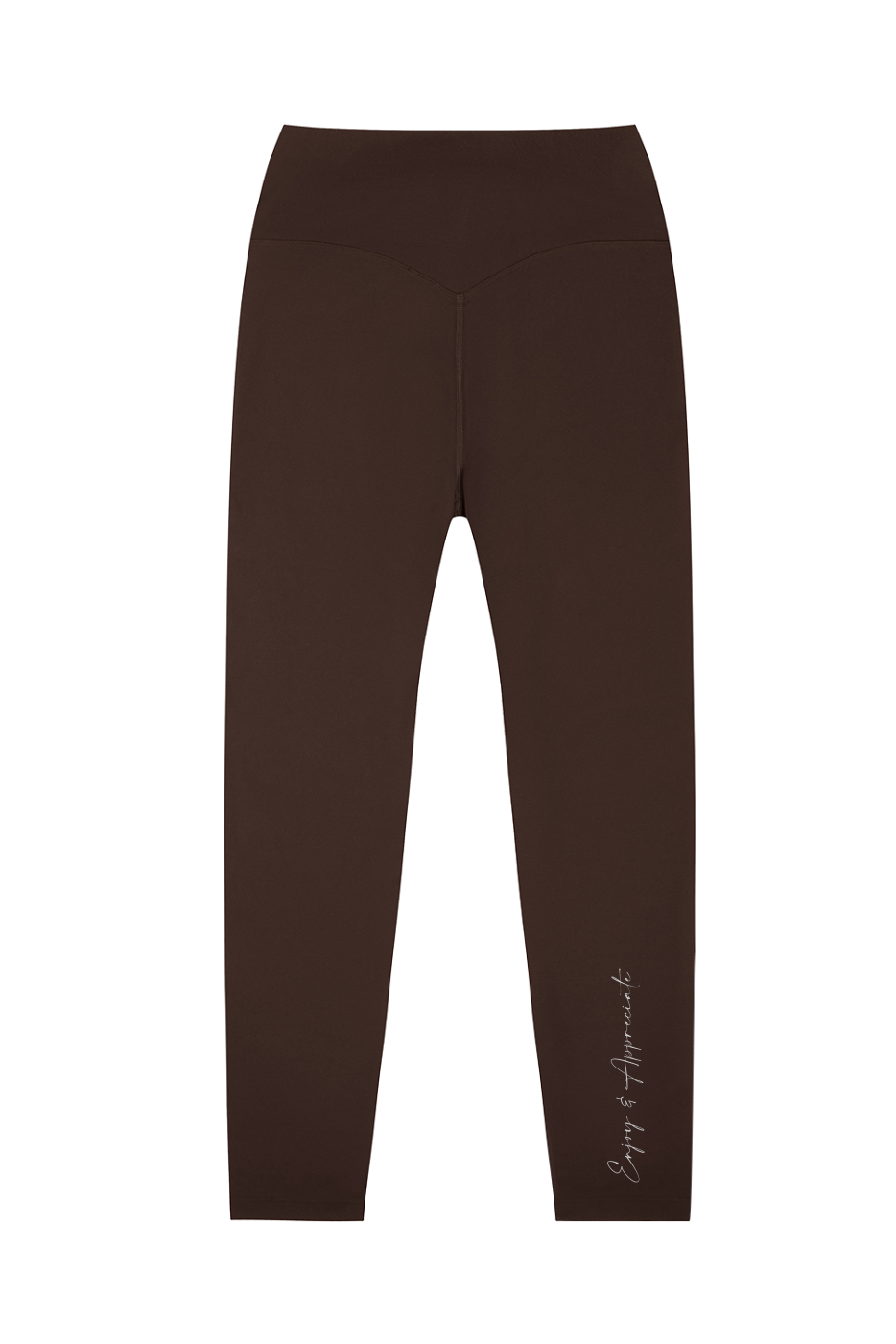 Seamless chocolate brown high-waisted activewear leggings with subtle cursive script on the lower right leg