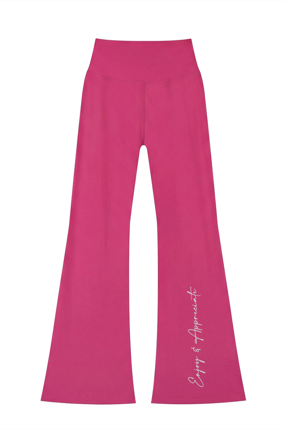 Bright fuchsia high-waisted seamless flared leggings with smooth stretchy fabric and elegant cursive side embroidery