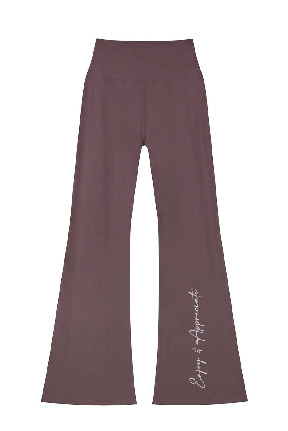 Mauve high-waisted seamless flared leggings with wide-leg fit and subtle enjoy and appreciate script detail on lower leg