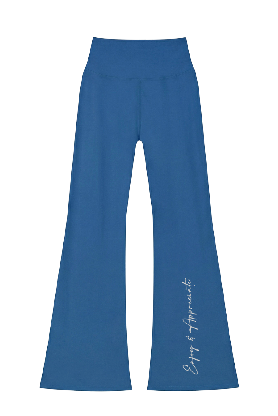 Blue high-waisted seamless flared leggings with a subtle white cursive inscription along the outer leg
