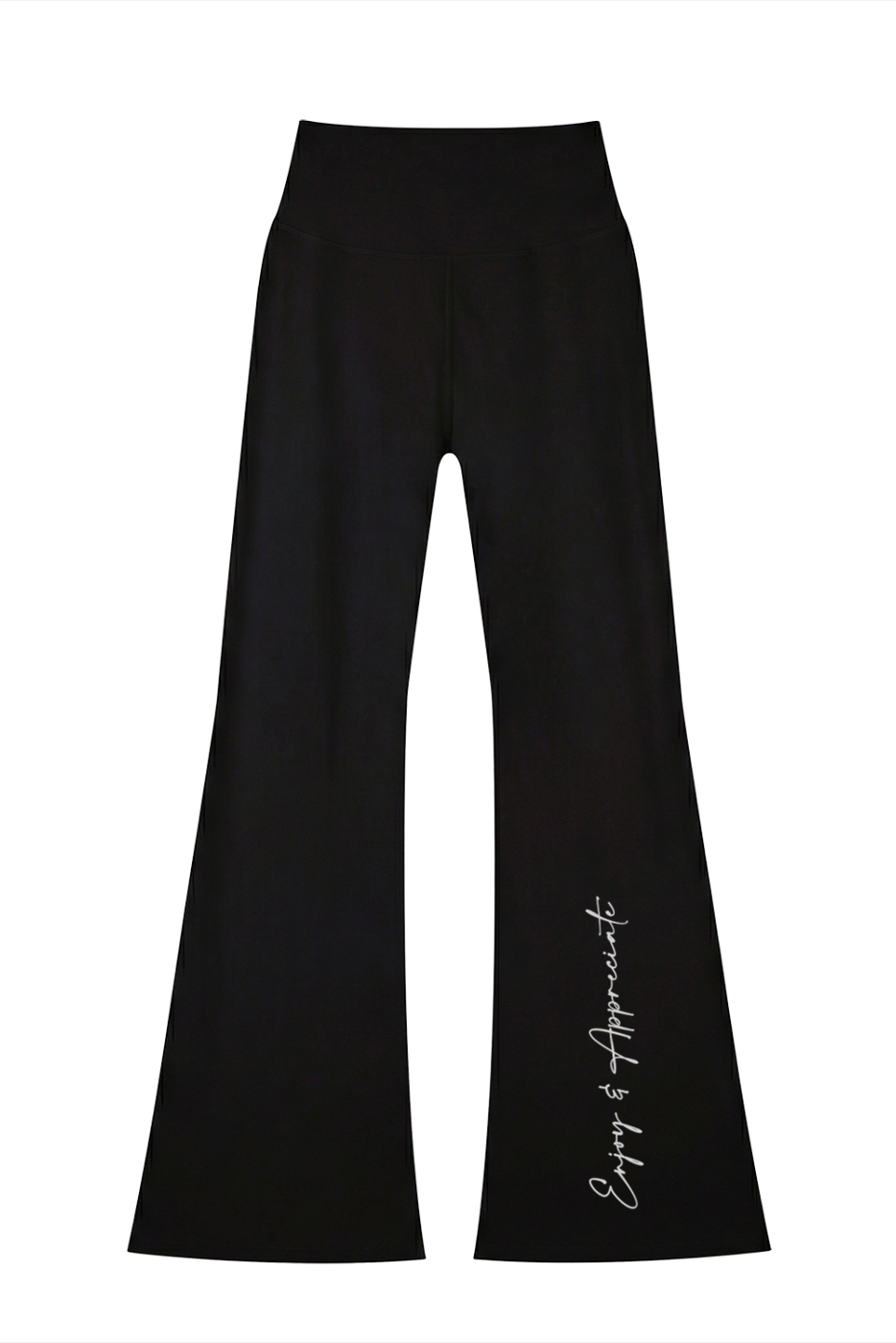 Black high-waisted seamless flared leggings with subtle enjoy and appreciate script detail on the left leg