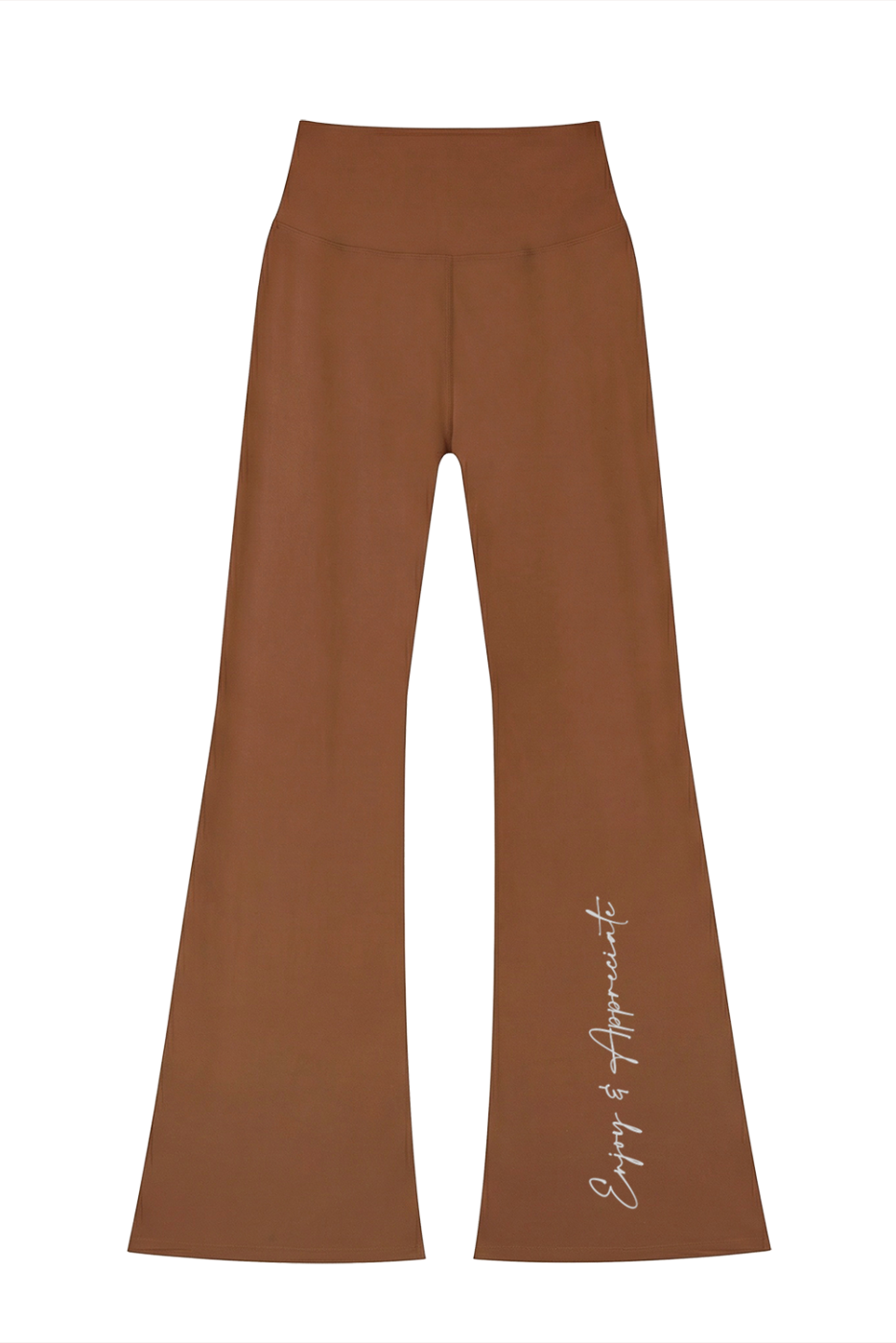 Brown high waisted seamless flared leggings with subtle gold enjoy and appreciate script along the outer leg