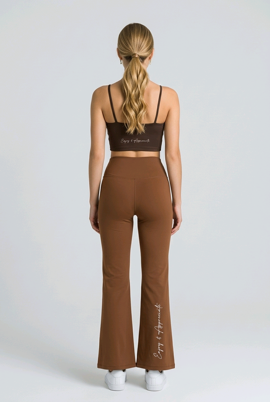 Brown high-waisted seamless flared leggings with white enjoy and appreciate embroidery on the back and side seam