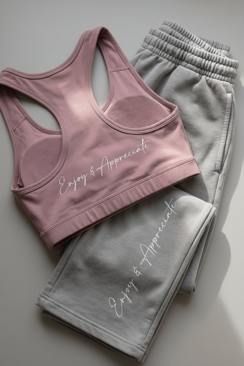 A two-piece activewear set laid flat on a textured beige fabric background, featuring a dusty pink racerback sports bra and light gray sweatpants, both printed with the phrase 'Enjoy & Appreciate' in white script.