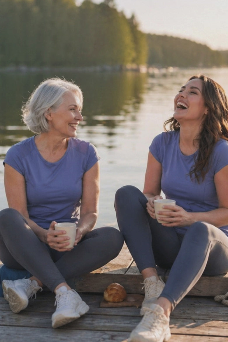 Two women wearing blue t-shirts sitting on a deck holding cups with water and mountains in the background.
