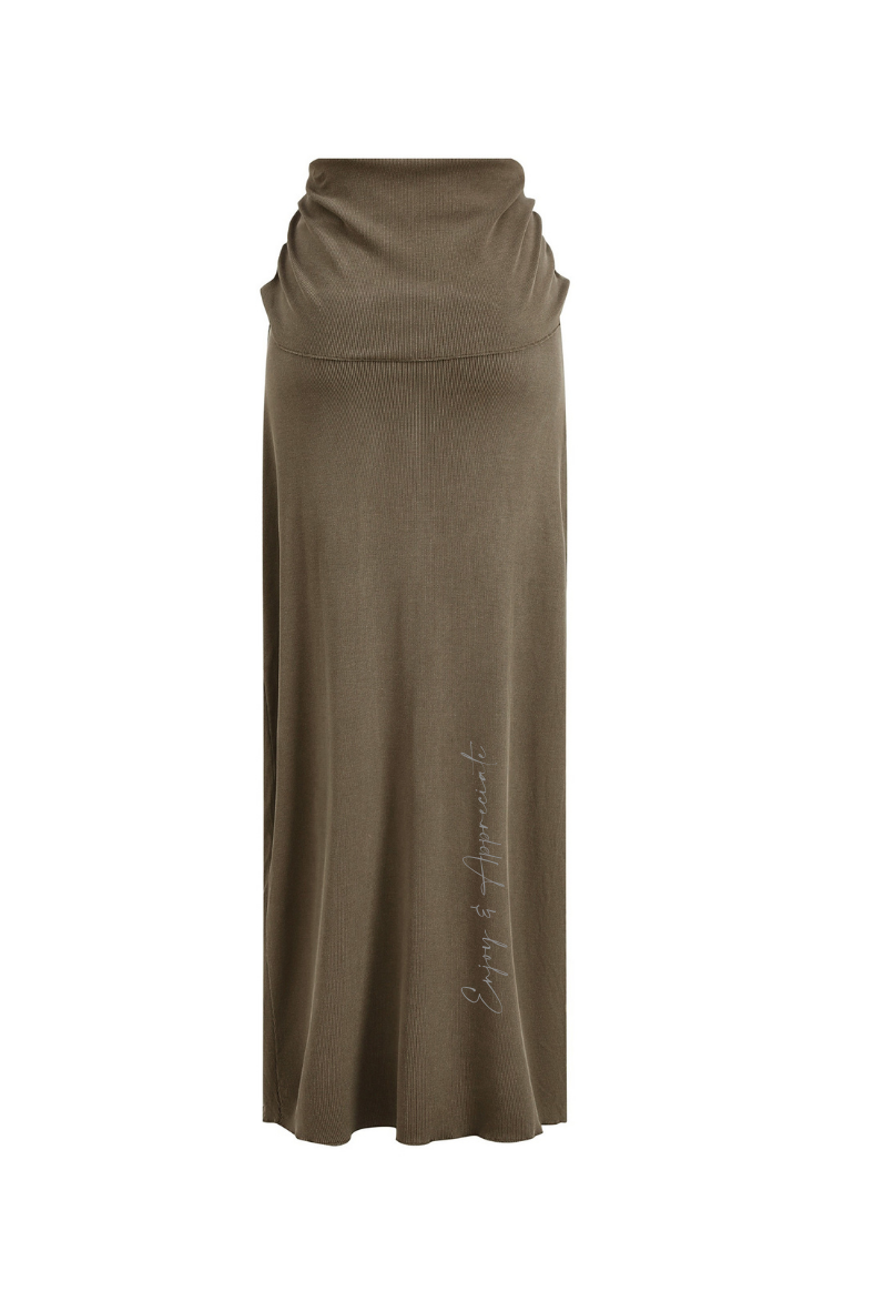 Long coffee coloured skirt with a subtle brand name enjoy & apprecaiteon a white background