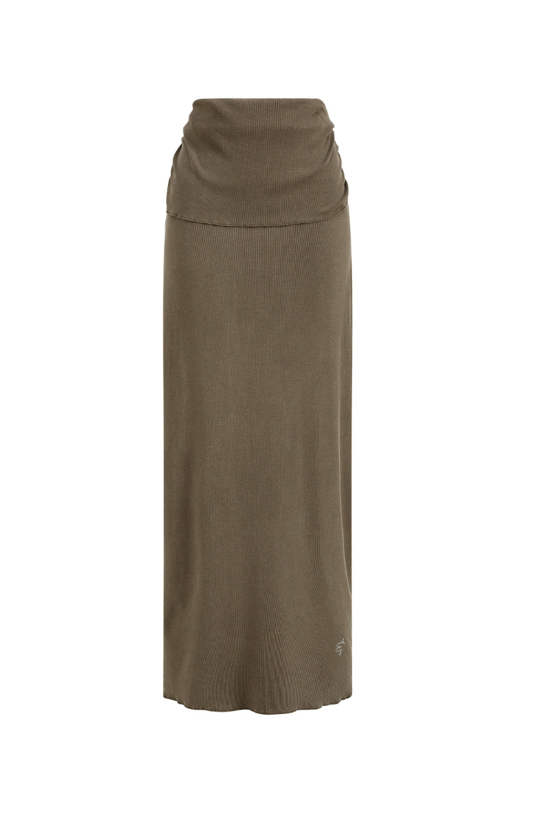Long coffee coloured maxi skirt on a white background