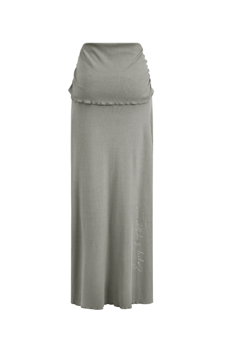 Medium gray long skirt with enjoy & appreciate on a white background